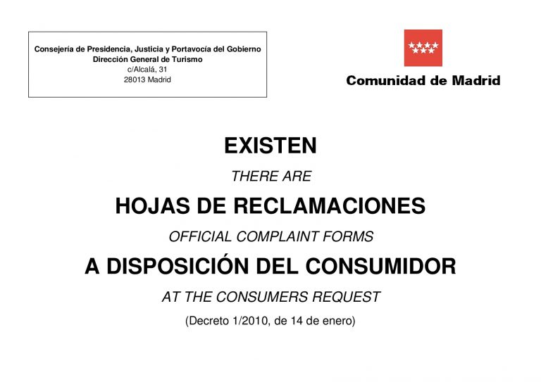 Cartel Obligatorio – Existen Hojas De Reclamaciones A Disposición Del ...